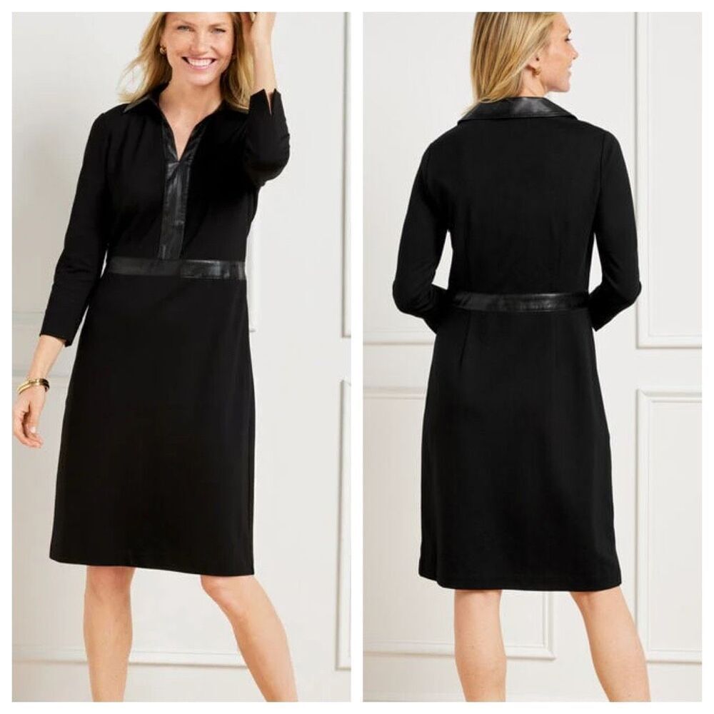 Talbots Faux Leather Trim Knee Length Ponte Sheath Dress Black 20W